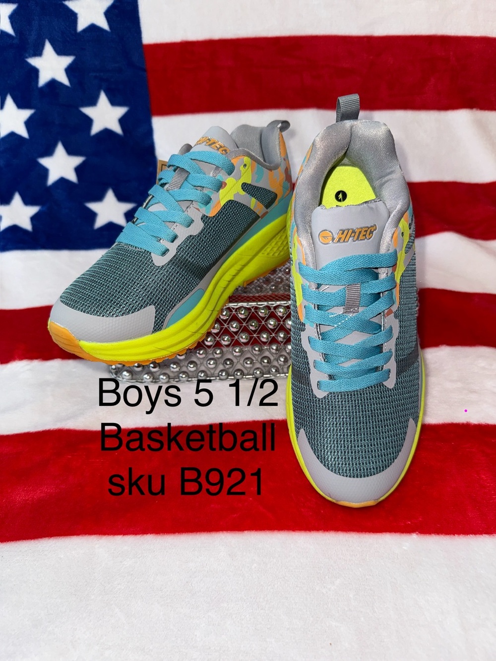 Hi-Tec Boys 5.5 or Girls 7 Gray Blue Neon Yellow Athletic Basketball Sneakers
